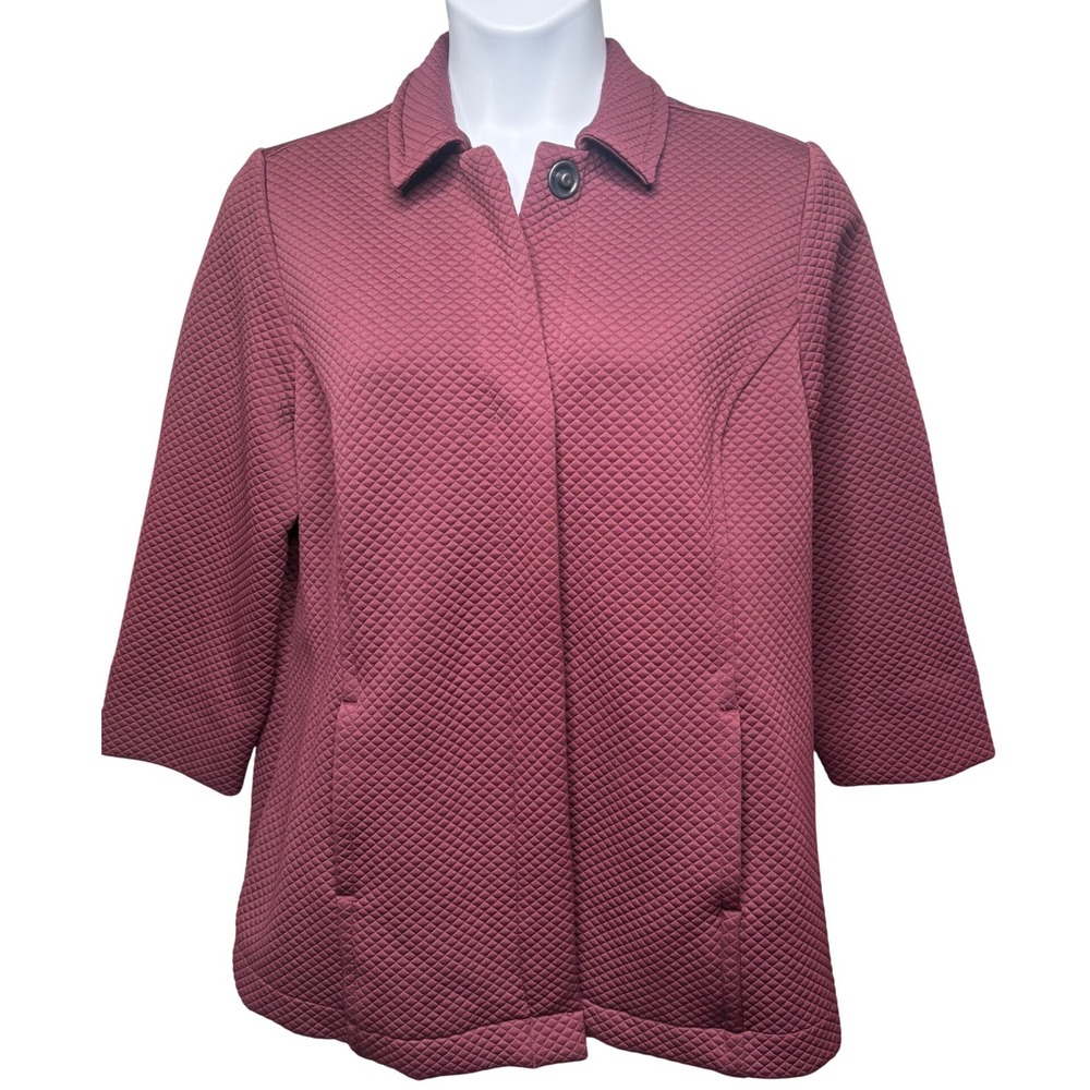 CHICO'S Womens Burgundy Quilted Diamond Snap Front Jacket Sz 2/L Classic Luxury